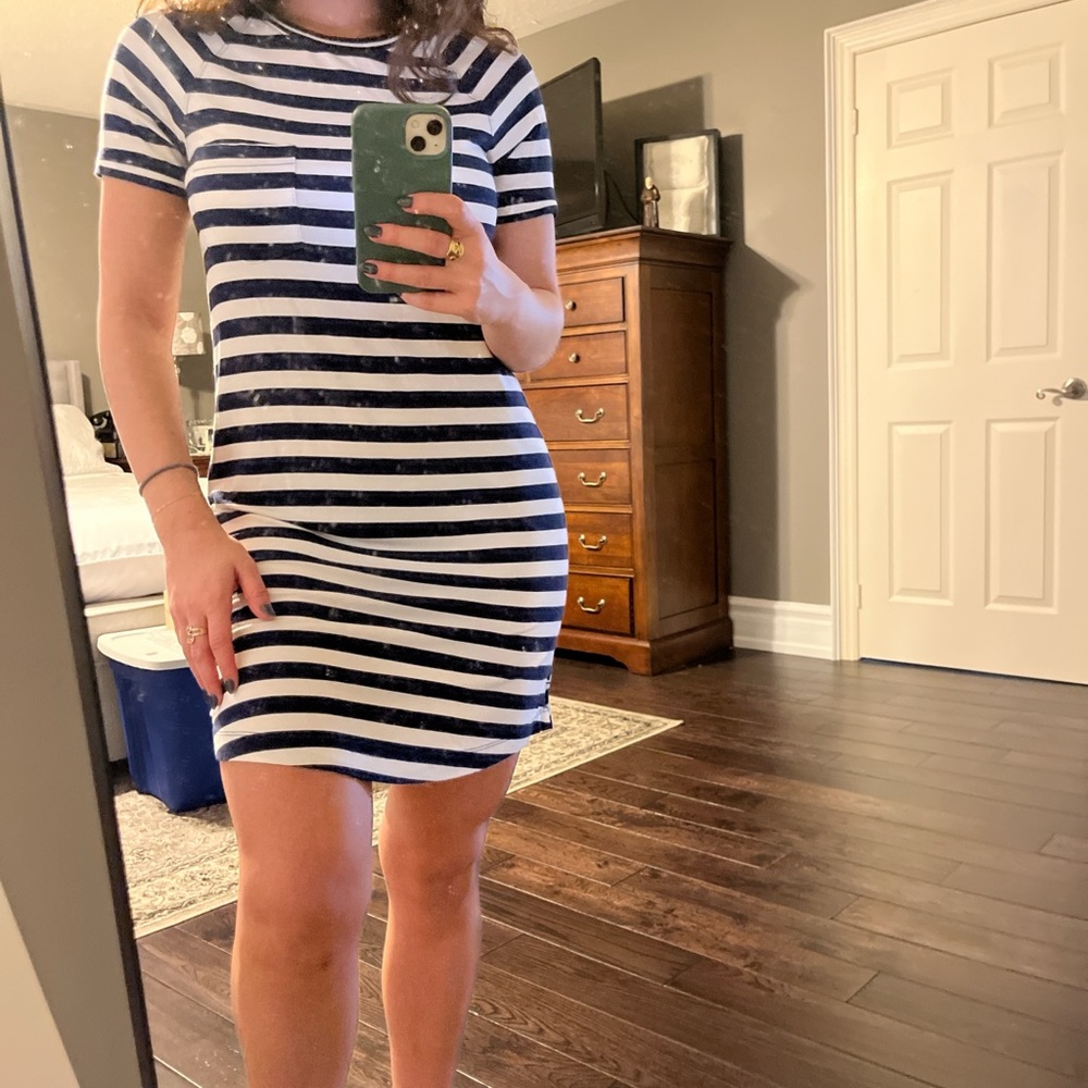 Navy blue and white striped summer t-shirt dress